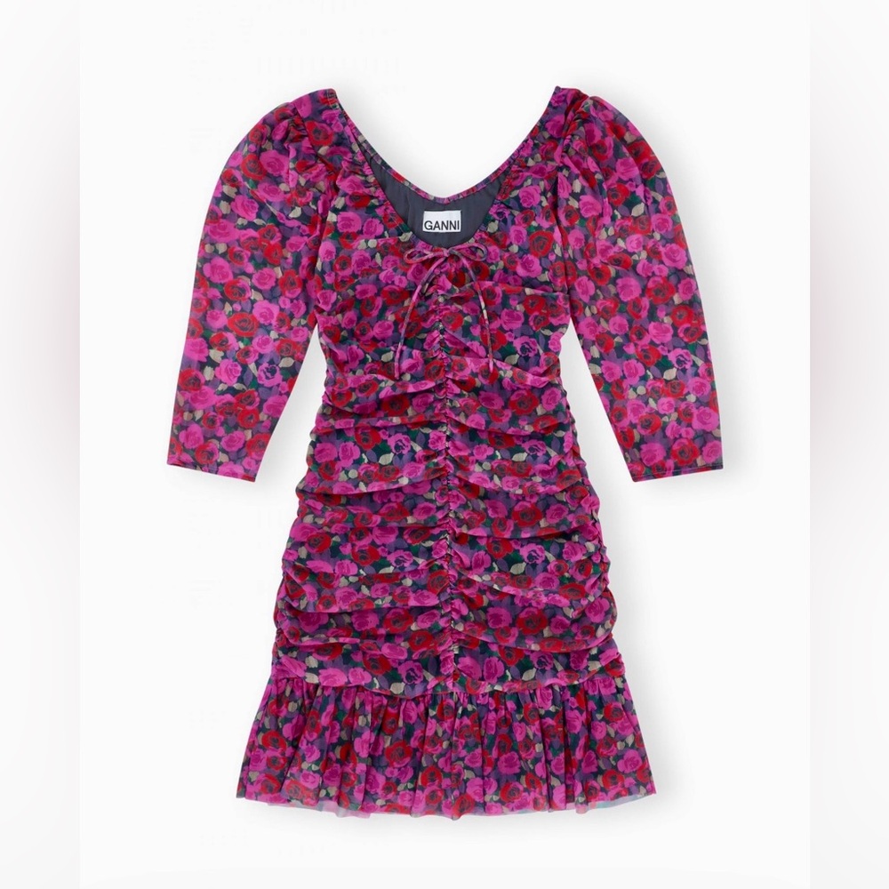 Ganni Ruched floral-print stretch-satin mini dress